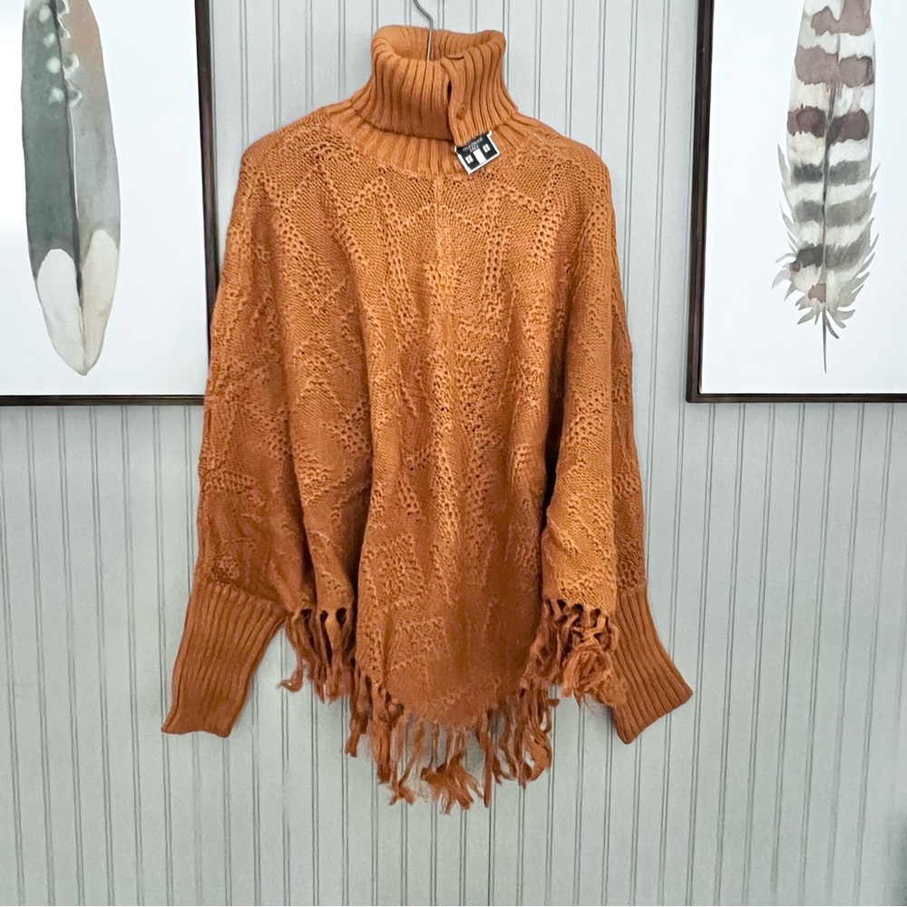 Storybook Knits NWT Turtleneck Poncho with Sleeves Pumpkin color Fringe Trim